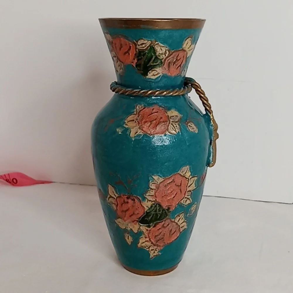 MCM Vintage Hand Painted Floral Brass Vase